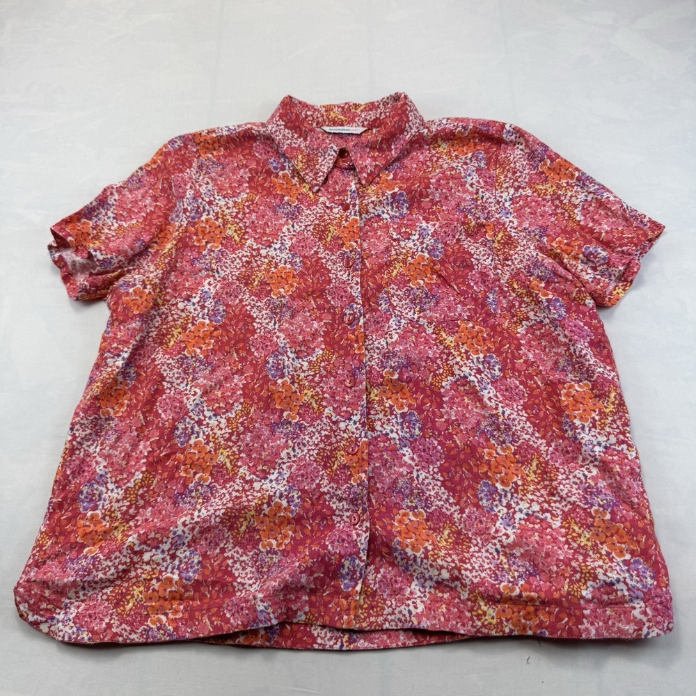 Isaac Mizrahi Live Women's Pink Floral Linen Shirt Size L Button Front